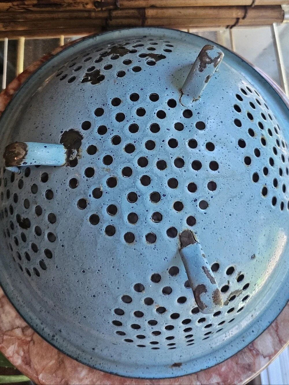 Vintage Enamelware Blue Footed Strainer